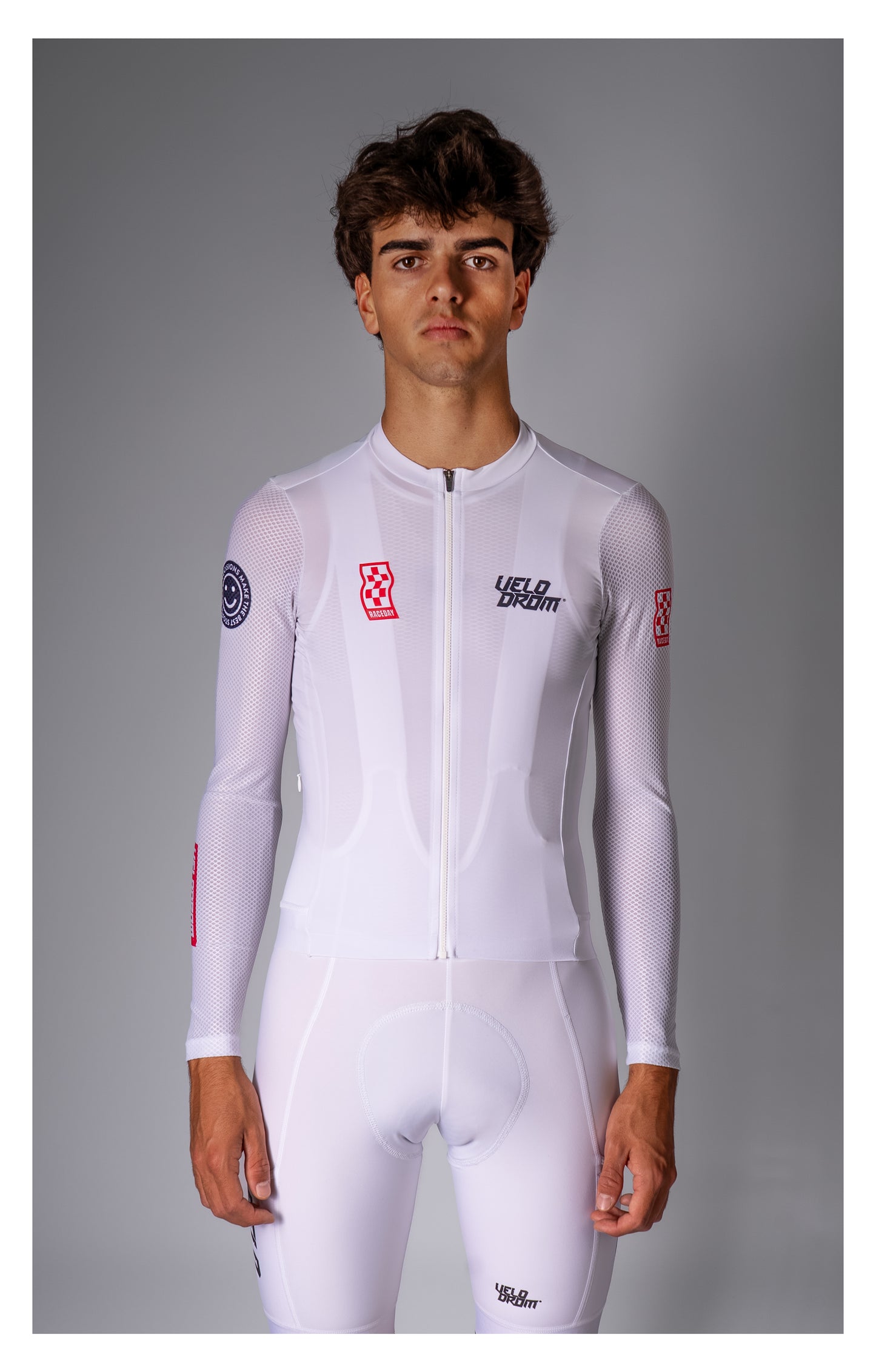VELODROM Raceday 3.0 Thermal Light Long Sleeve Jersey - White/Navy/Flush Red