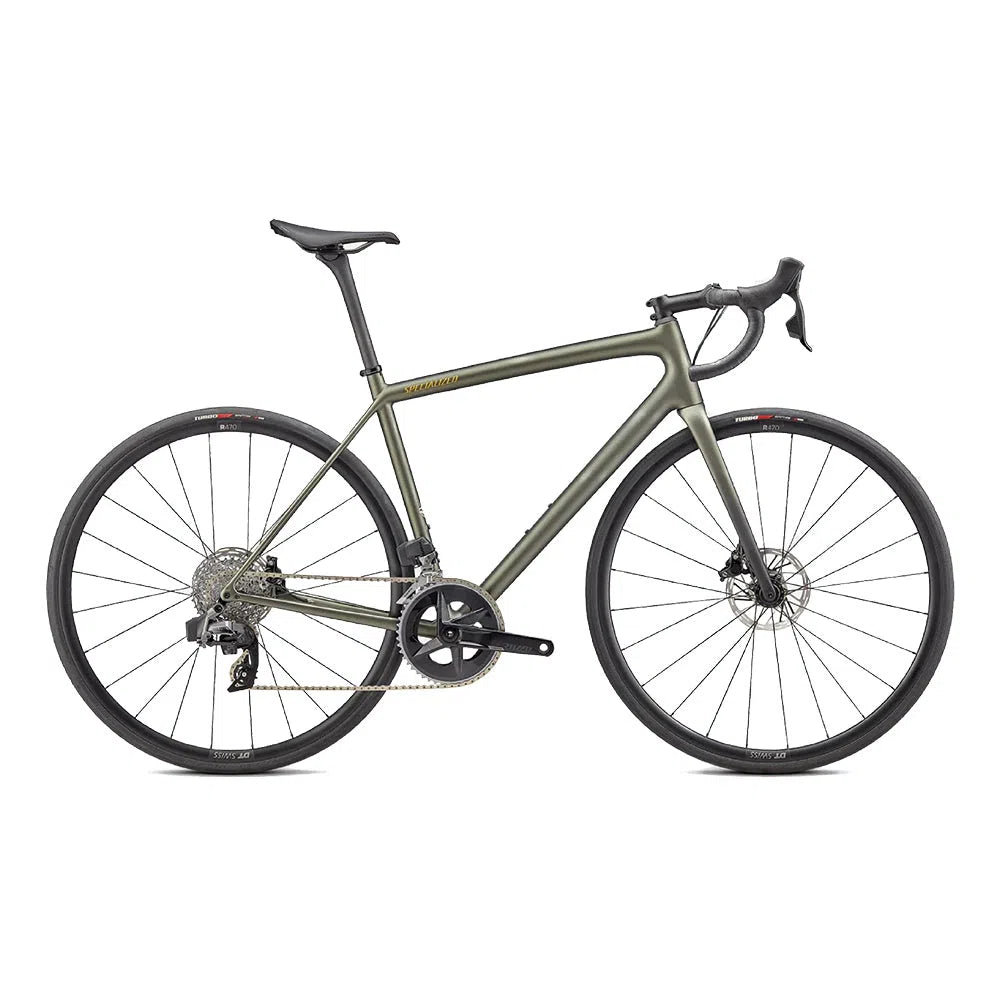 SPECIALIZED AETHOS Comp 2022 Rival eTap AXS Disc Komplettes Rennrad - Satin Metallic Moss/Gold/Carbon Fade