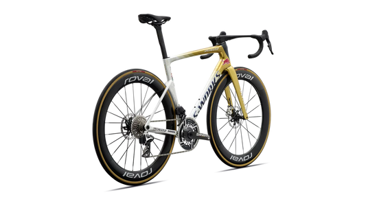 SPECIALIZED S-WORKS TARMAC SL9 LTD REMCO EVENEPOEL ROAD BIKE - GLOSS METALLIC WHITE SILVER / GOLD PEARL / DEEP BLUE