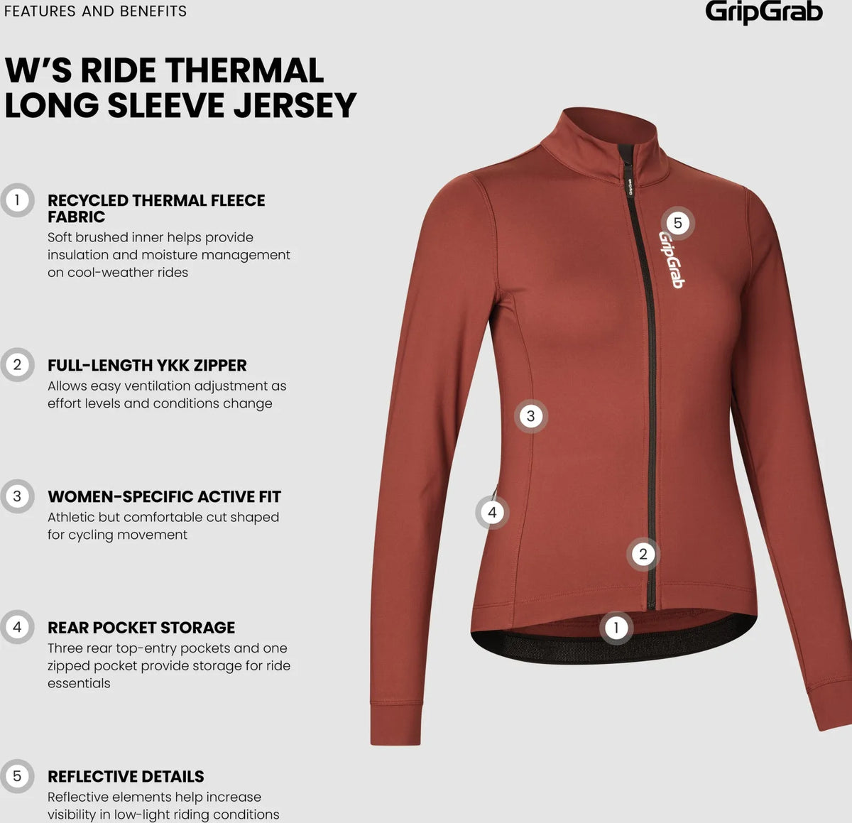 GRIPGRAB Women's RIDE Thermal Long Sleeve Jersey - DARK RED