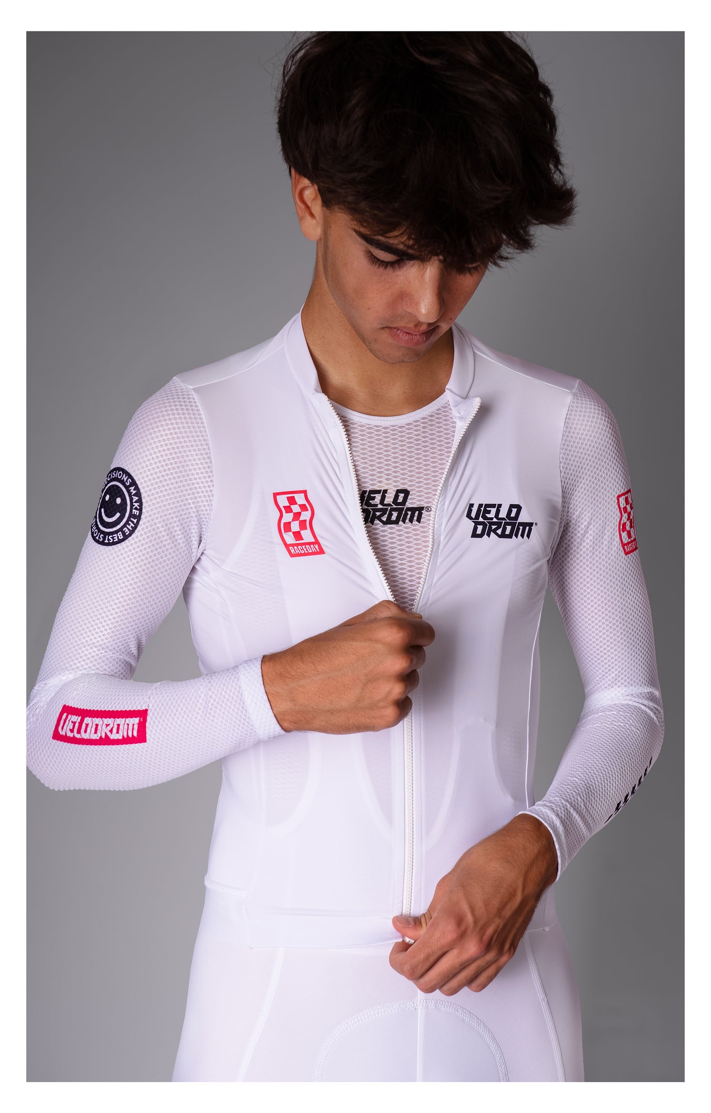 VELODROM Raceday 3.0 Thermal Light Long Sleeve Jersey  - White/Navy/Flush Red