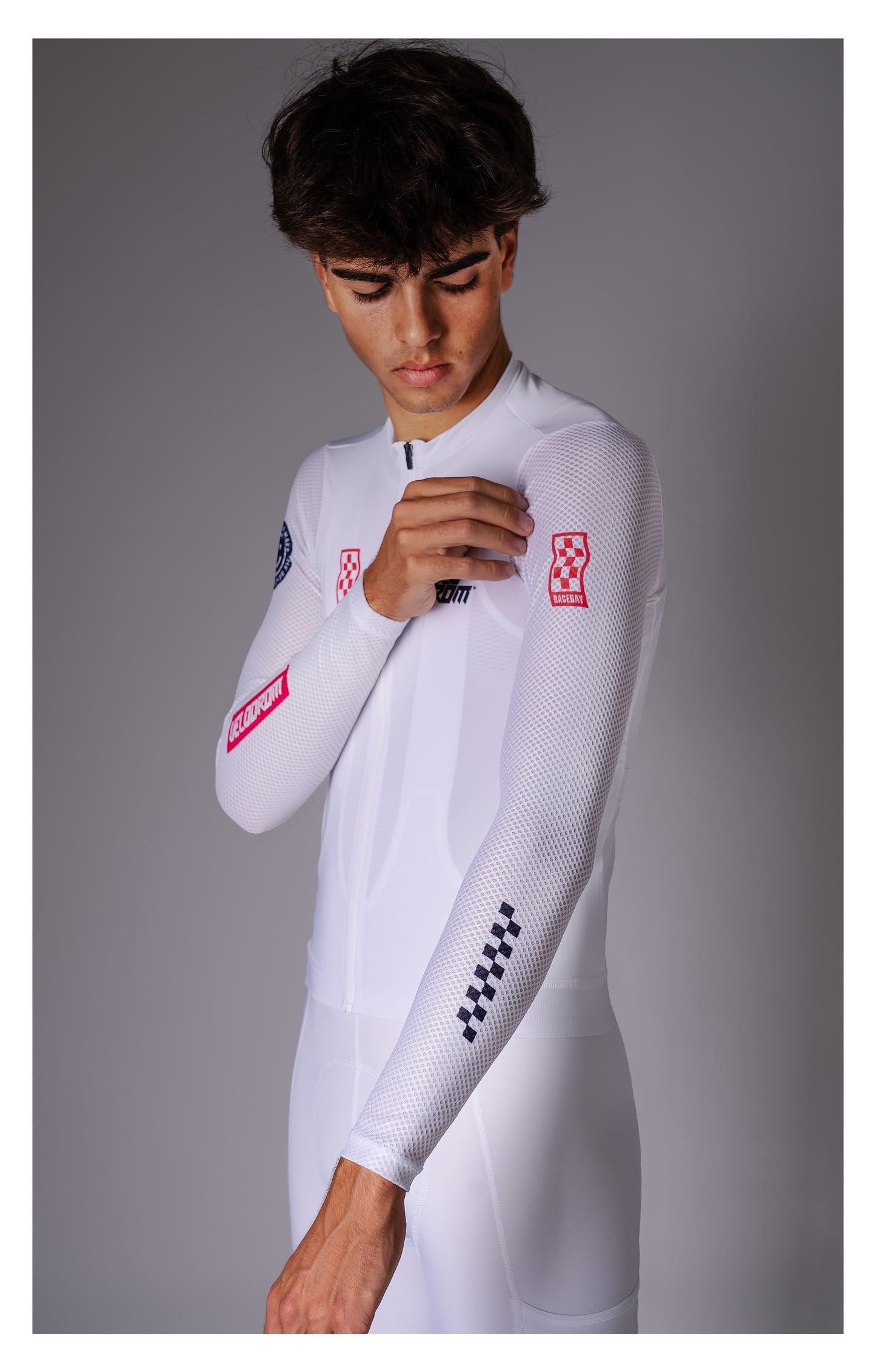 VELODROM Raceday 3.0 Thermal Light Long Sleeve Jersey  - White/Navy/Flush Red