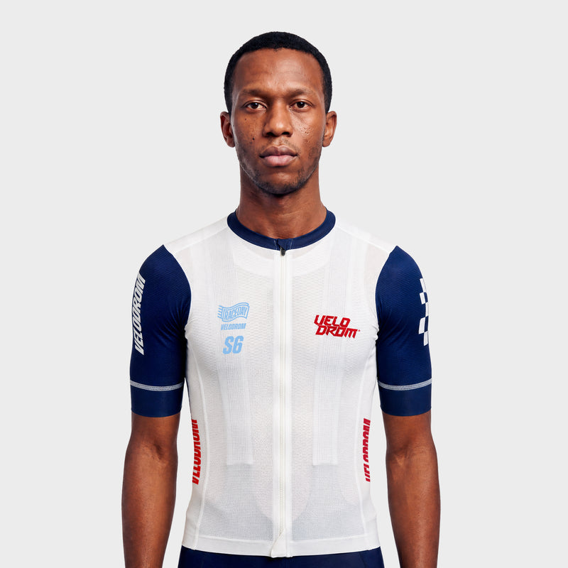 VELODROM Raceday 4.0 Jersey S6 - White/Blue Navy Sleeves