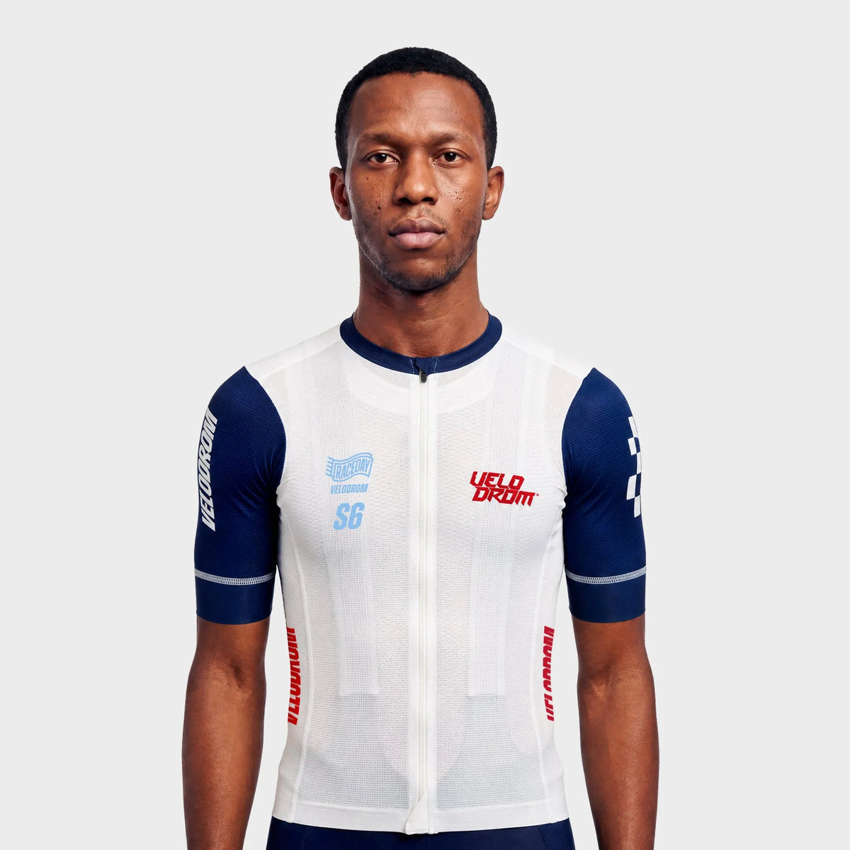 VELODROM Raceday 4.0 Jersey S6 - White/Blue Navy Sleeves