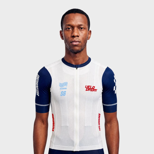 VELODROM Raceday 4.0 Jersey S6 - White/Blue Navy Sleeves