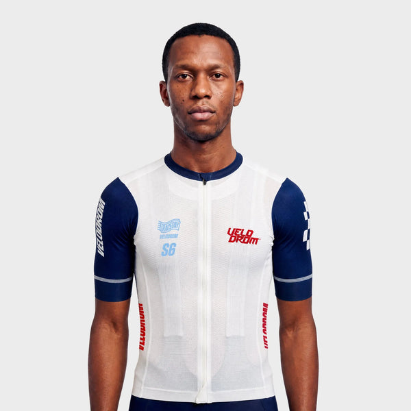 VELODROM Raceday 4.0 Fietsshirt S6 - Wit/Blue Navy Sleeves