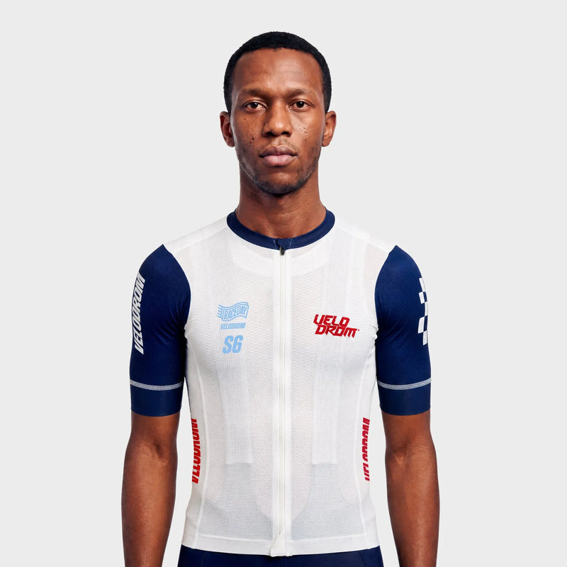 VELODROM Raceday 4.0 Jersey S6 - White/Blue Navy Sleeves