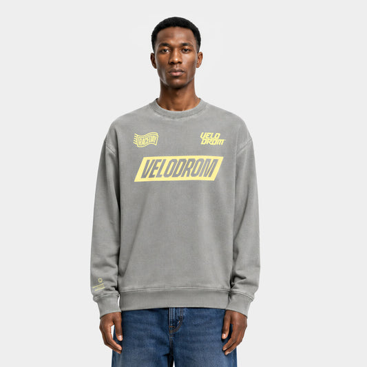 VELODROM Raceday Sweatshirt - Dyed Grey/Yellow Logo — front detail