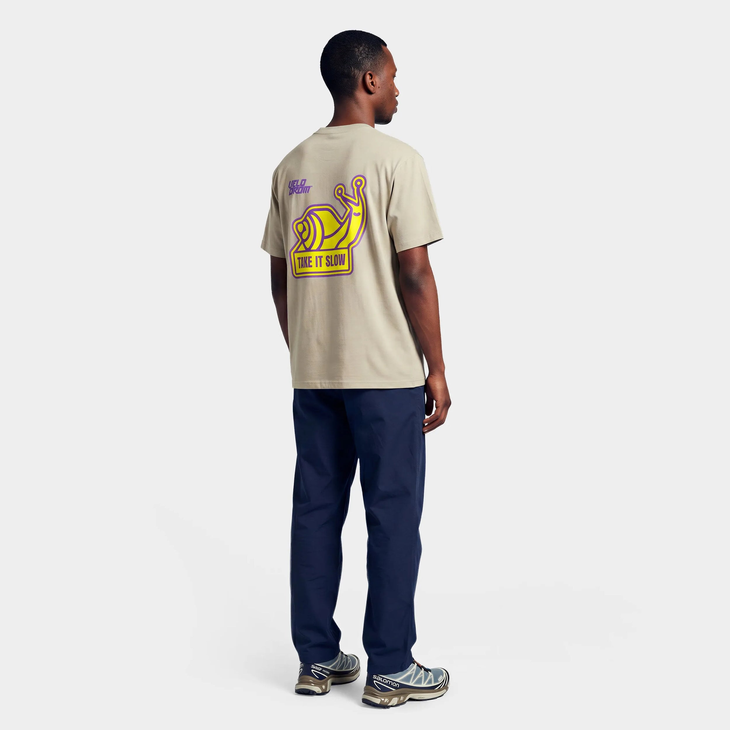 VELODROM Take It Slow Tshirt - Sand Yellow/Purple Graphics