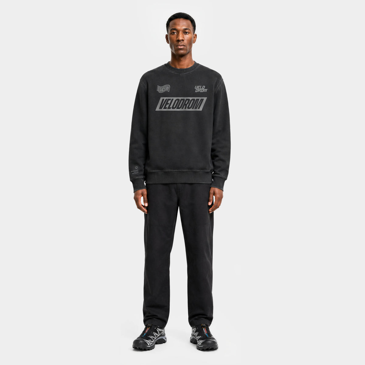 VELODROM Raceday Sweatshirt - Dyed Black/Grey Logo — front full length