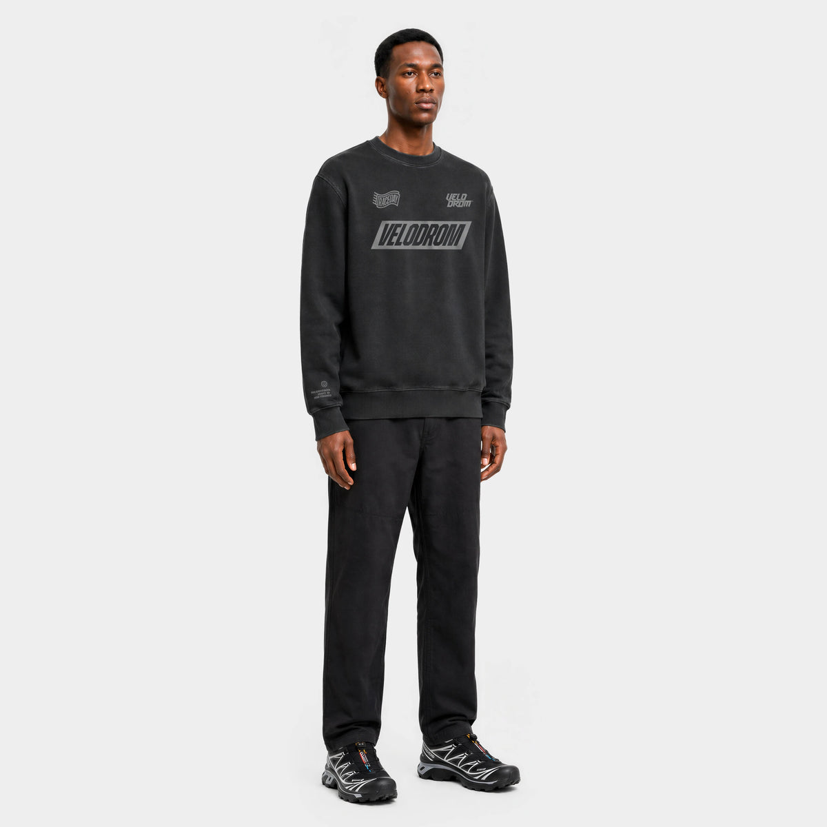 VELODROM Raceday Sweatshirt - Dyed Black/Grey Logo — three-quarter view