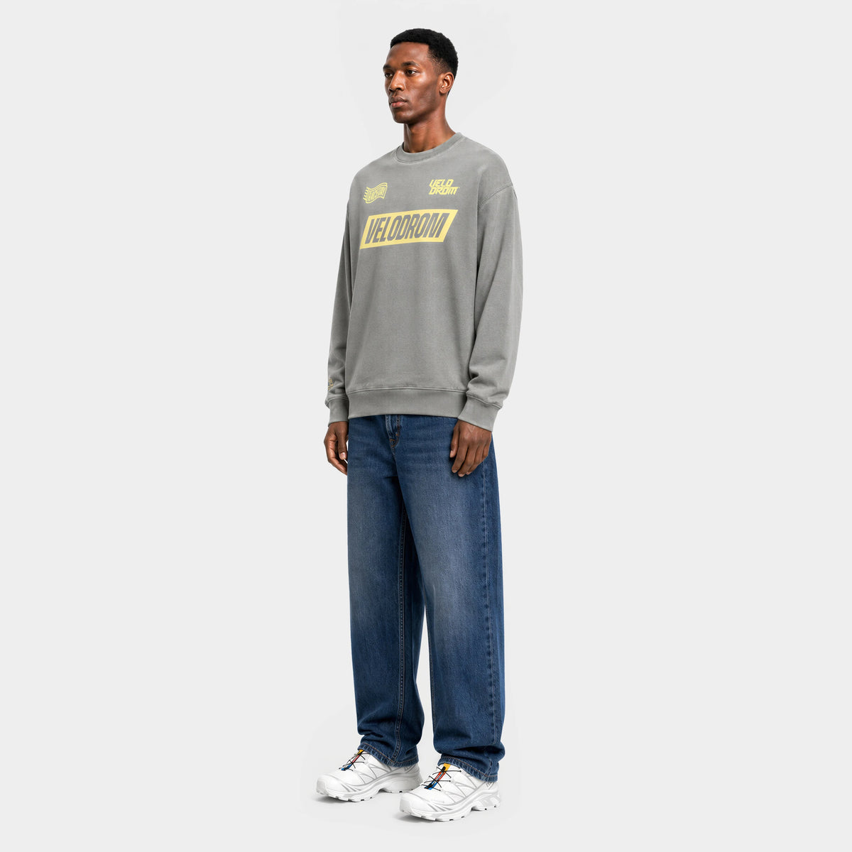 VELODROM Raceday Sweatshirt - Dyed Grey/Yellow Logo — side view