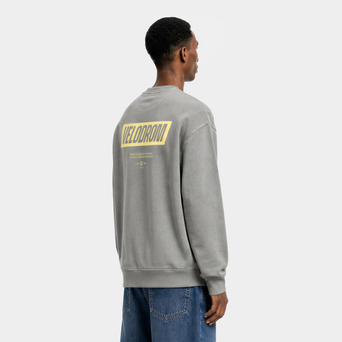 VELODROM Raceday Sweatshirt - Dyed Grey/Yellow Logo — rear detail