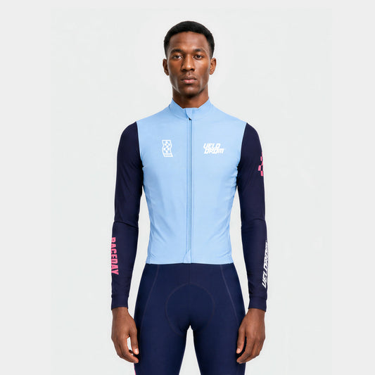 VELODROM RaceDay 3.0 Thermal Long Sleeve Jersey - Light Blue/Dark Navy Dual Sleeves — front detail