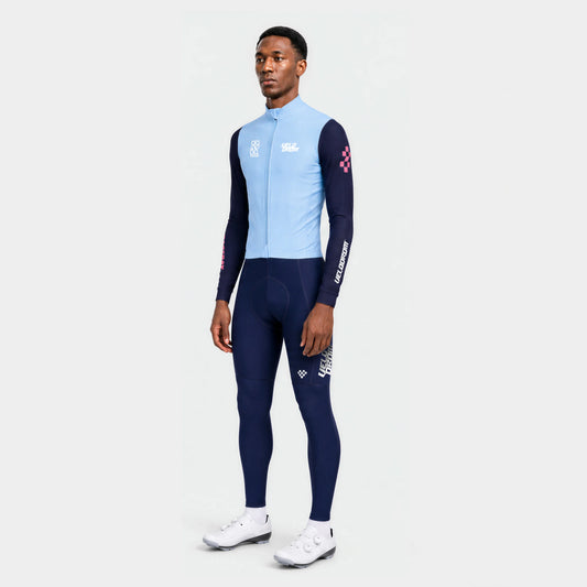 VELODROM RaceDay 3.0 Thermal Long Sleeve Jersey - Light Blue/Dark Navy Dual Sleeves — three-quarter view