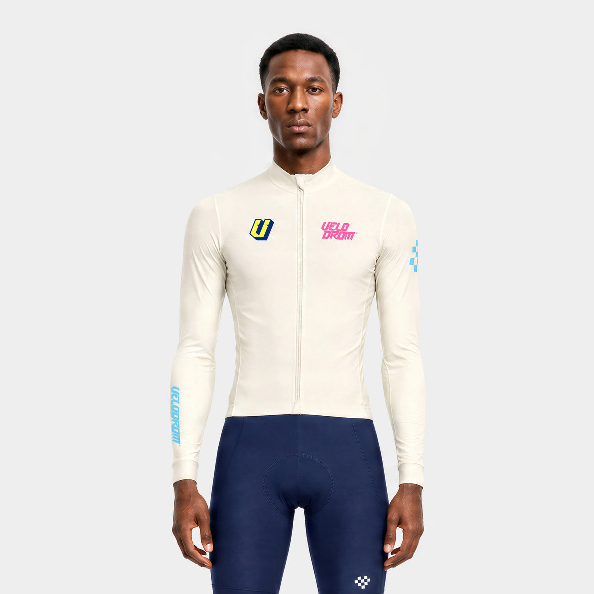 VELODROM RaceDay 3.0 Thermal Xperiment Long Sleeve Jersey - Off White/Pink/Yellow — front detail
