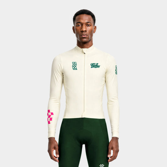 VELODROM RaceDay 3.0 Thermal Long Sleeve Jersey - Off White/Teal — front detail