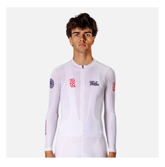 VELODROM Raceday 3.0 Thermal Light Long Sleeve Jersey  - White/Navy/Flush Red