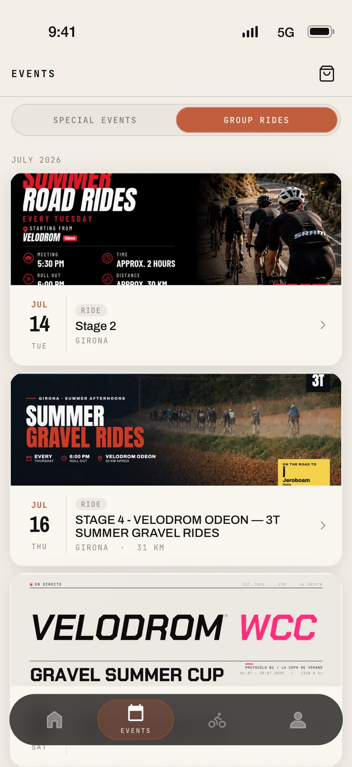 Velodrom App events calendar with group rides