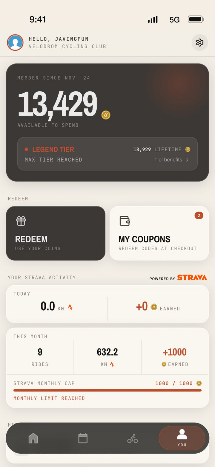 Velodrom App home dashboard