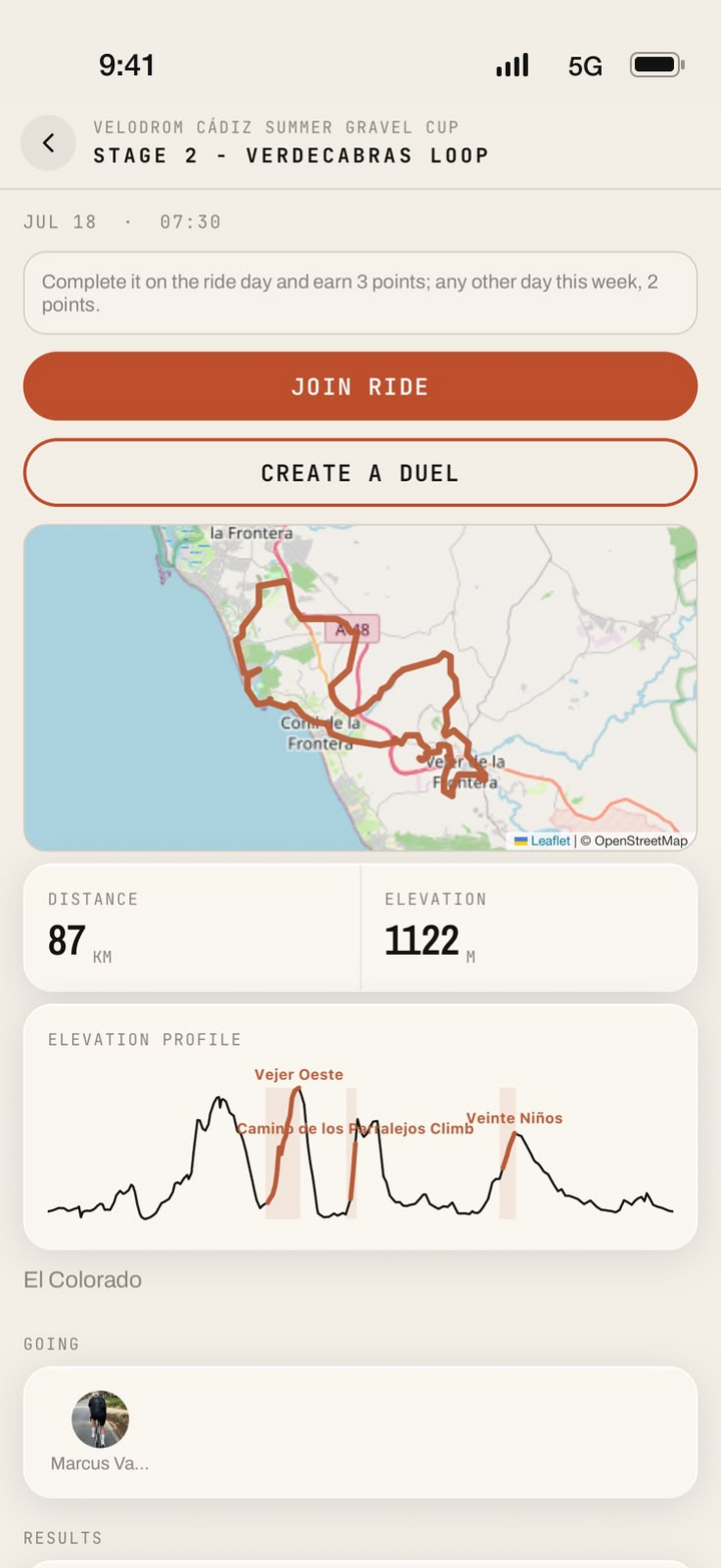 Velodrom App ride detail with route map and elevation profile