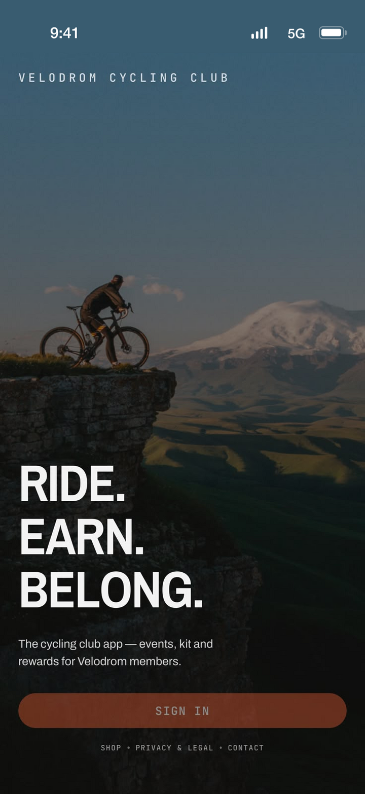 Velodrom App splash screen — Ride. Earn. Belong.