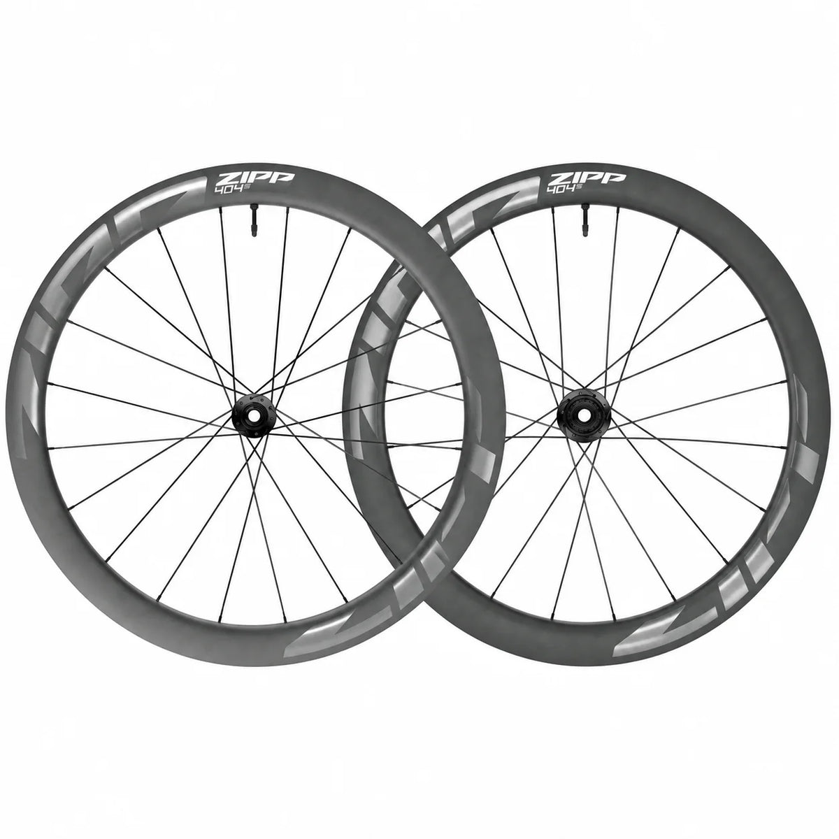 ZIPP 404 S Grey front and rear wheelset, both wheels shown upright