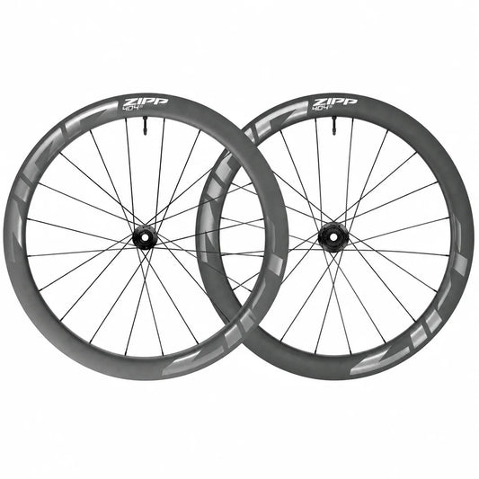 ZIPP 404 S Grey front and rear wheelset, both wheels shown upright