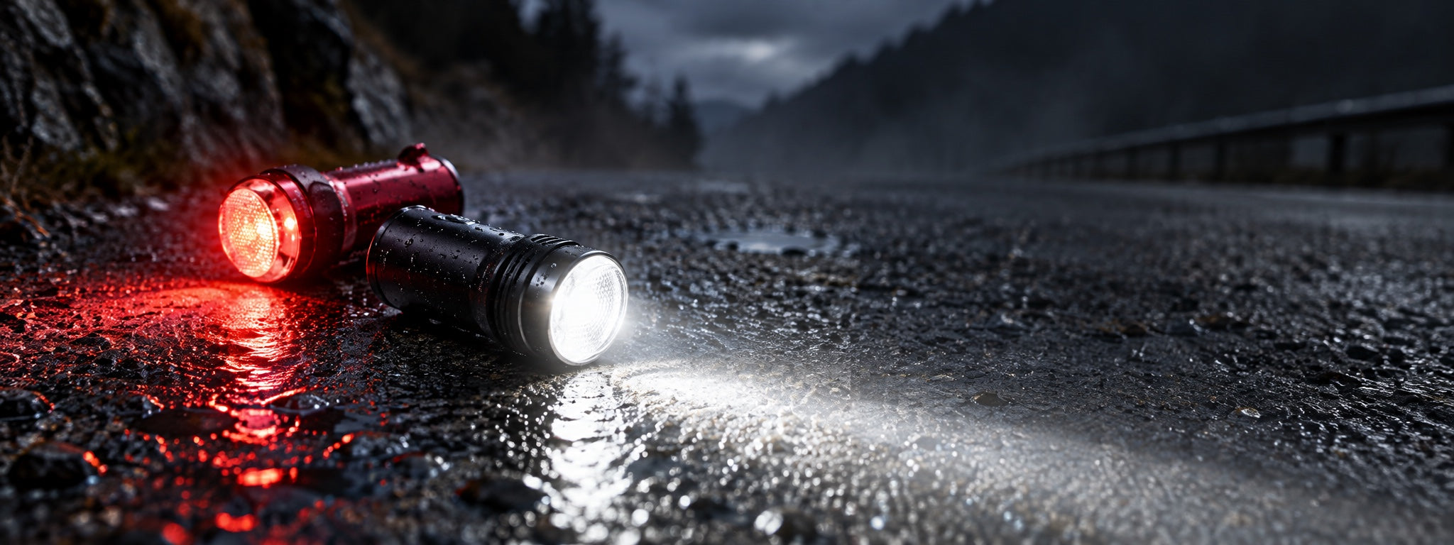 Exposure front and rear bicycle lights illuminating a wet road