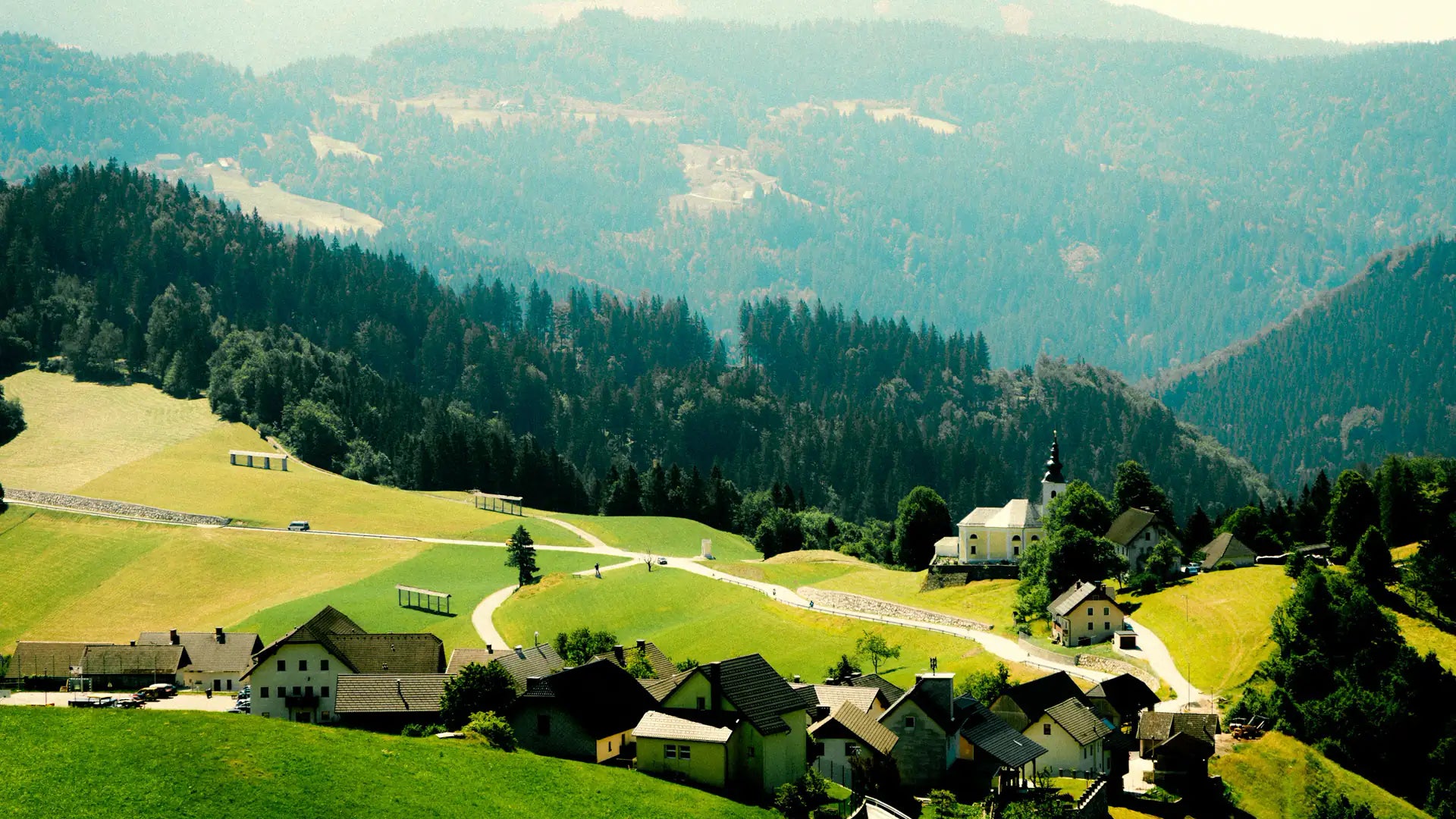 A village on a green hillside in a forested Julian Alps valley