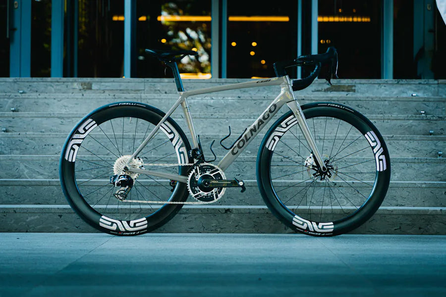 A road bike with ENVE wheels on the hotel steps